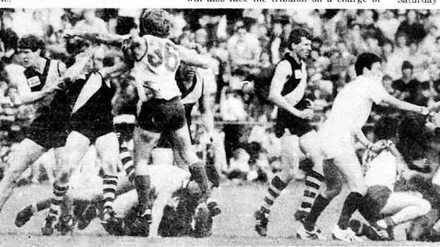 A brawl breaks out during the 1985 Hampden League grand final, known as “the bloodbath”.