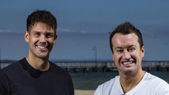 Bondi Sands founders Blair James and Shaun Wilson  at Port Melbourne beach. 