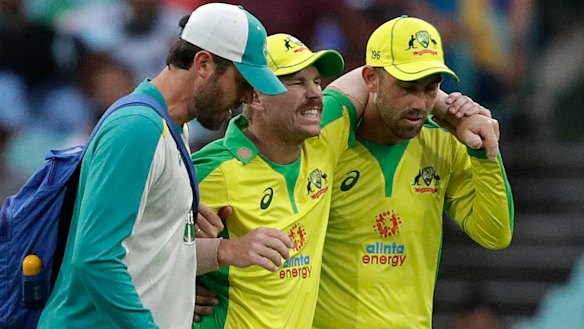 David Warner is helped from the field by David Beakley and Glenn Maxwell during the second ODI in November.