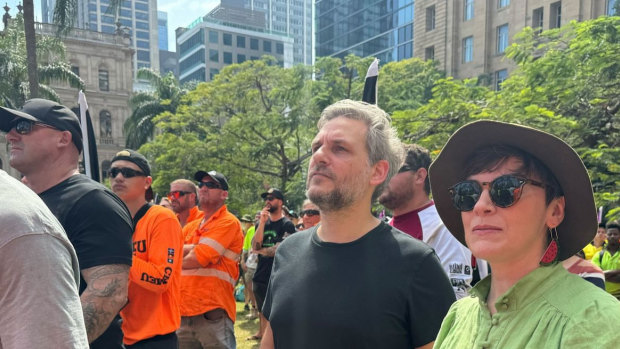 State Greens MPs Amy MacMahon (right) and Michael Berkman at a CFMEU rally in Brisbane.