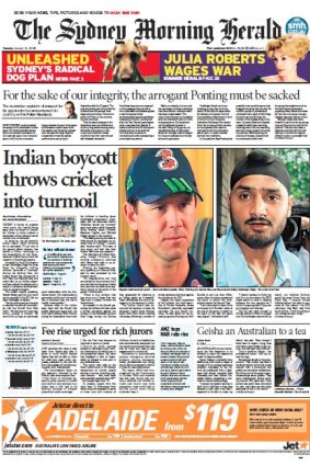 The front page of The Sydney Morning Herald on January 8, 2008, in which Peter Roebuck called for the sacking of then Australian Test captain Ricky Ponting.
