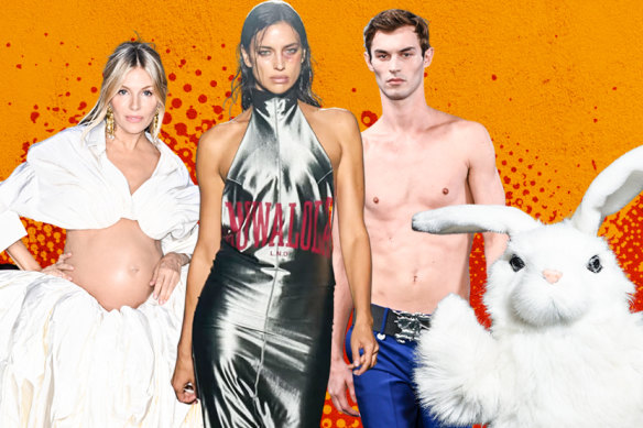 Sienna Miller in Schiaparelli at Vogue World, London; Irina Shayk in Mowalola at London Fashion Week; a model in Burberry; a robot rabbit takes to the Runway at Puppets and Puppets in New York.