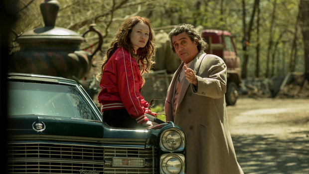 Emily Browning and Ian McShane in American Gods season two. 