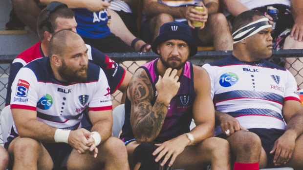 Star recruit: Quade Cooper watches on from the bench as the Rebels take on the Brumbies at Viking Park.