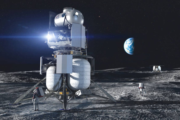 Artist concept of the Blue Origin National Team crewed lander on the surface of the Moon.

