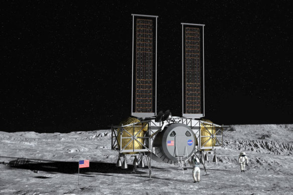 Artist concept of the Dynetics Human Landing System on the surface of the Moon.
