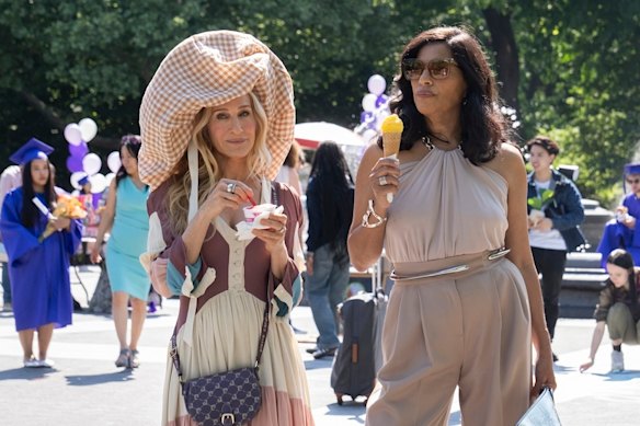 Carrie (Sarah Jessica Parker) and Seema (Sarita Choudhury) in season three of And Just Like That...