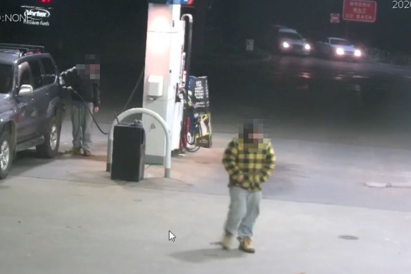 Top-right corner: CCTV shows police pulling in alongside the Mercedes at the entrance to the service station.