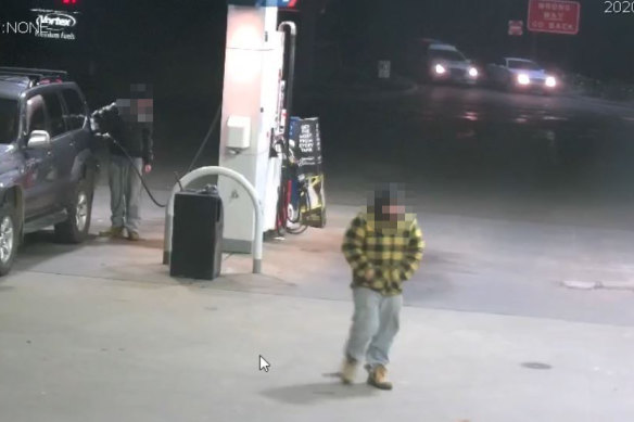 A CCTV image shows police pulling in alongside the Mercedes at the entrance to the service station, top right.