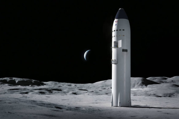 Artist concept of the SpaceX Starship on the surface of the Moon.
