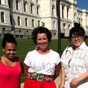 On location in Minnesota, US: Miranda Tapsell and Nakkiah Lui meet Mary Kunesh Podein (centre) at Minnesota State Capitol.