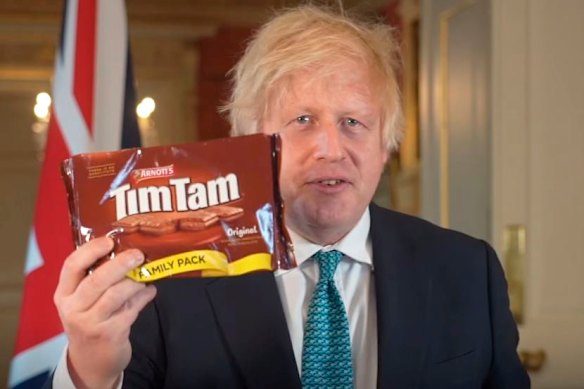 Then British prime minister Boris Johnson talking up Tim Tams. Now, taxpayers are spending $45 million on their export to the rest of the world.