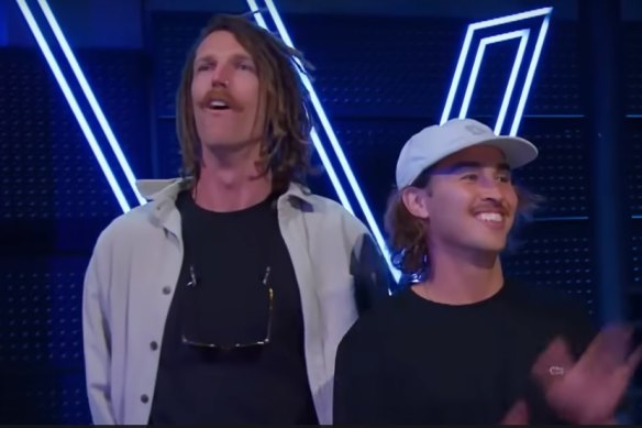 Former Brisbane Lions player Matt Eagles (left) appeared on The Voice, supporting his friend Nick Cunningham.