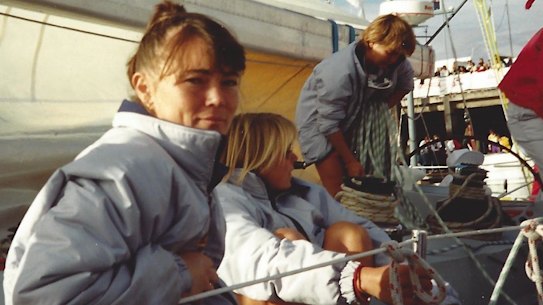 Tracy Edwards, left, skippers Maiden in the 1989-90 Whitbread round-the-world yacht race.