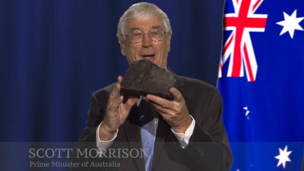 A video released on Tuesday in which Dick Smith (pictured) holds a lump of coal and impersonates Prime Minister Scott Morrison.