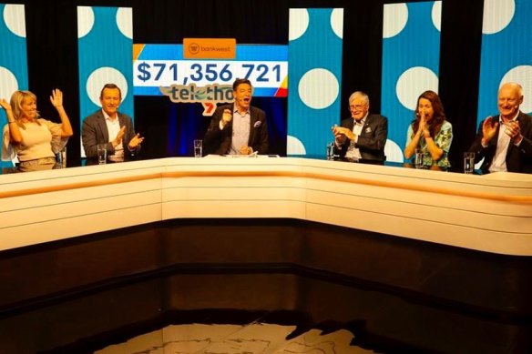From left, Sarah and Mark McGowan, Basil Zempilas, Kerry Stokes and wife Christine and Richard Goyder at the Telethon in Perth in October 2022.