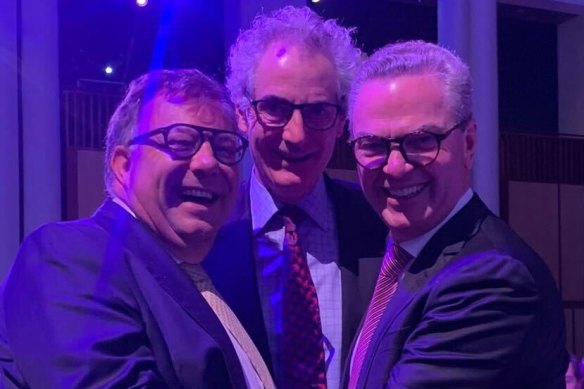 Michael Photios, Tom Harley and Christopher Pyne at a post-budget shindig, from left to right.