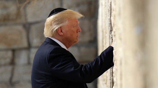 President Donald Trump visits the Western Wall, Monday, May 22, 2017, in Jerusalem. (AP Photo/Evan Vucci)