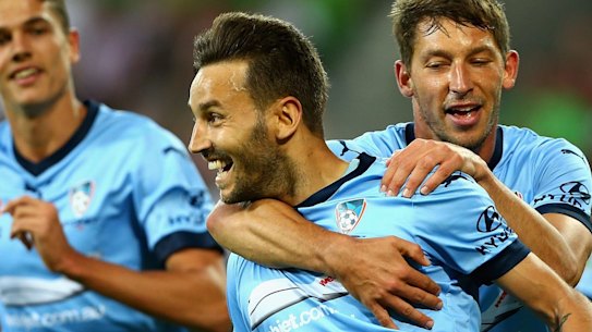 MELBOURNE, AUSTRALIA - JANUARY 02:  Milos Ninkovic of Sydney celebrates after scoring a goal during the round 13 A-League match between Melbourne City FC and Sydney FC at AAMI Park on January 2, 2016 in Melbourne, Australia.  (Photo by Robert Prezioso/Getty Images)
