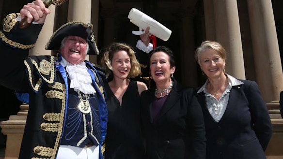 In happier times: Councillor Jess Miller, Sydney lord mayor Clover Moore and Professor Kerryn Phelps on the steps of Town Hall at the proclamation of the 2016 council.