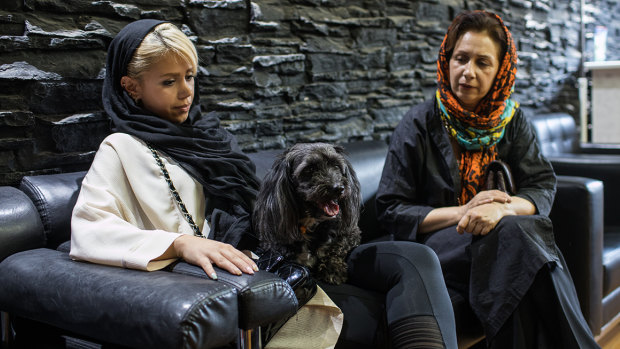Mandana and her mother with Mandana’s 4-year-old dog at the vet clinic in Tehran, Iran.
