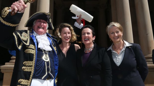 In happier times: Councillor Jess Miller, Sydney lord mayor Clover Moore and Professor Kerryn Phelps on the steps of Town Hall at the proclamation of the 2016 council.