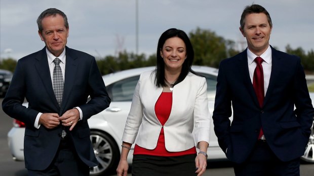 Bill Shorten, Emma Husar and Jason Clare during a visit to the University of Western Sydney in 2016.
