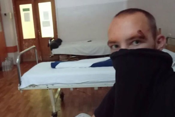 Trevor Kjeldal in a hospital outside of Kyiv after he was injured fighting in mid-July. 