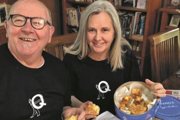 Doing The Quiz in our Quiz shirts eating delicious jalapeño and cheddar scones: a popular treat we made from a recipe in Good Weekend. 