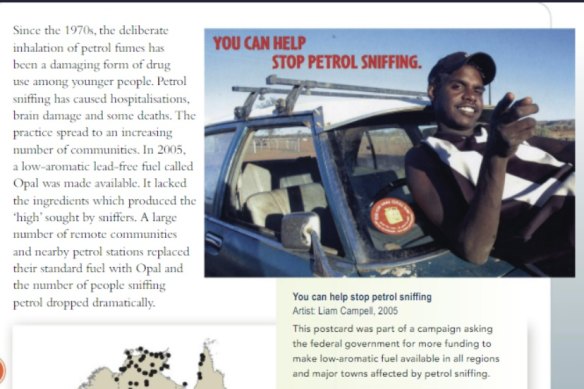 An image of a page in the book explaining petrol sniffing, taken from an advertising campaign.