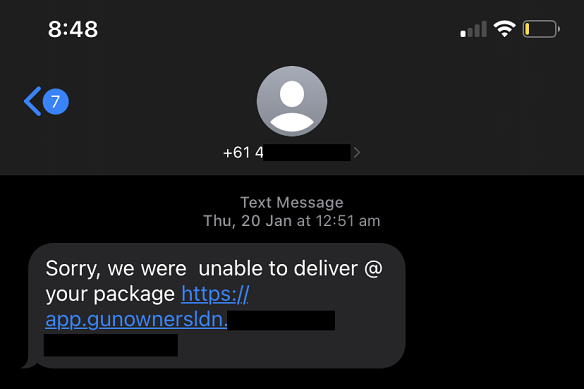 Example of a fake delivery text encouraging consumers to click on a link.