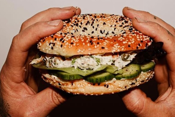 Roast chook bagel with dill mayo, capers, cos lettuce and cucumber.