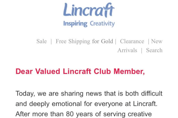 Lincraft informed customers of the upcoming closures in an email.