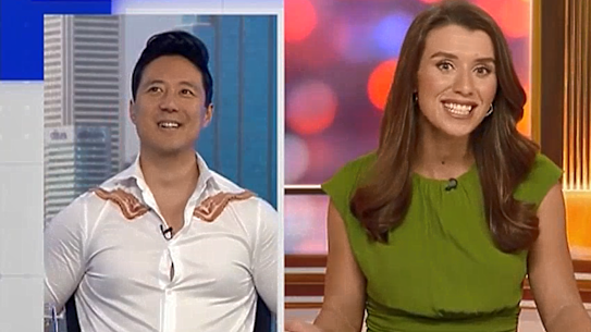 Sky News host Freya Leach with guest Ryan Williams [left] wearing raw rashers of bacon on Sunday night.
