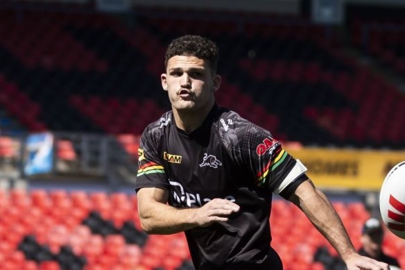 Nathan Cleary goes through his paces at training as he returns from a dislocated shoulder.