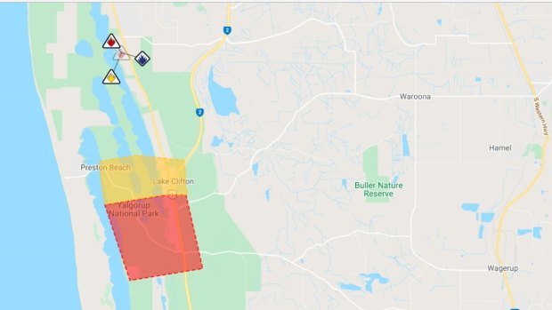 The bushfire was reported at 11.35am in southern parts of Lake Clifton, about 110km south of Perth.