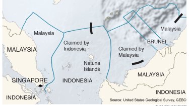 A map showing China's nine-dash line, Indonesia's territorial waters and the Natuna Islands.