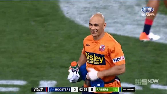 Roosters trainer Travis Touma saw the funny side after being hit with the ball in the NRL grand final.