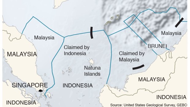 A map showing three of China's nine-dash line, Indonesia's territorial waters and the Natuna Islands.