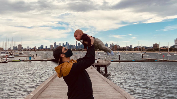 New dad Ben Schnellenberg and his son Levi at St Kilda pier last week.