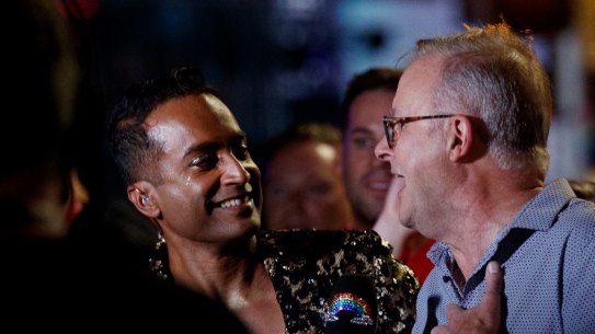 Performative politics? Prime Minister Anthony Albanese takes part in Sydney’s Mardi Gras parade last year.