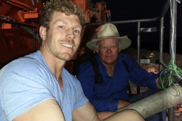 David Pocock pictured chained to a digger at Maules Creek coal mine.