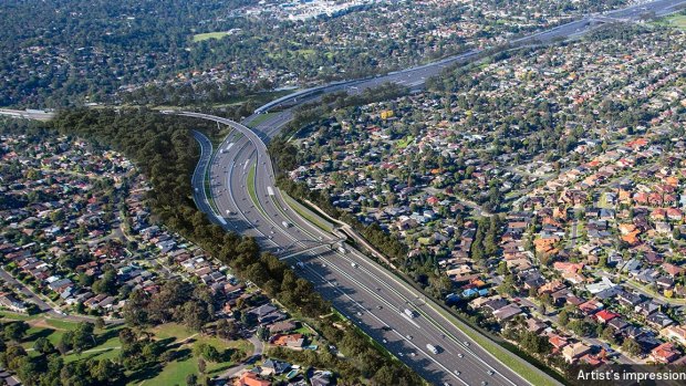 Render of aerial of the M80 Ring Road and Greensborough interchange built as part of the North East Link.