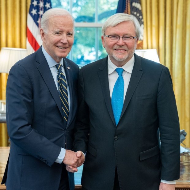 Biden with Kevin Rudd in the Oval Office in April last year.