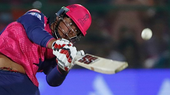 Vaibhav Suryavanshi hits a boundary during his record-breaking innings.