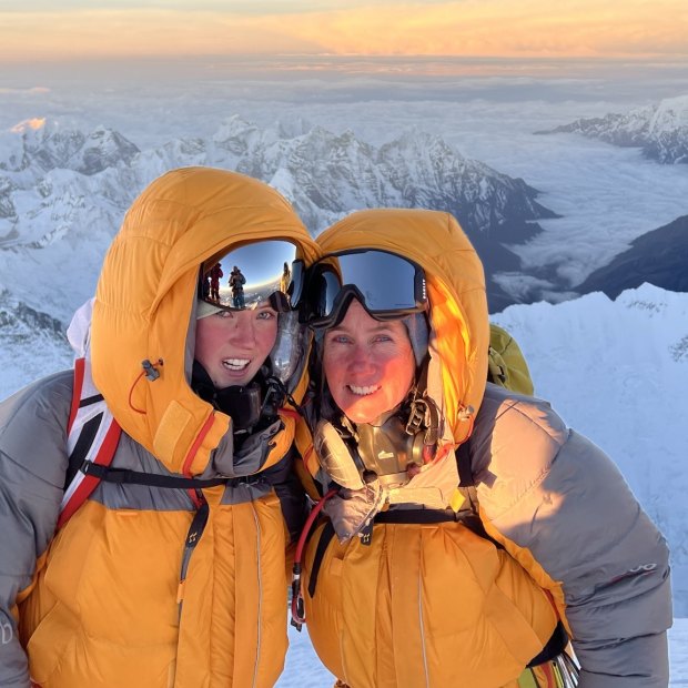 Jane Kanizay and daughter Gabby, 19, at the summit of Mount Everest in May 2022.