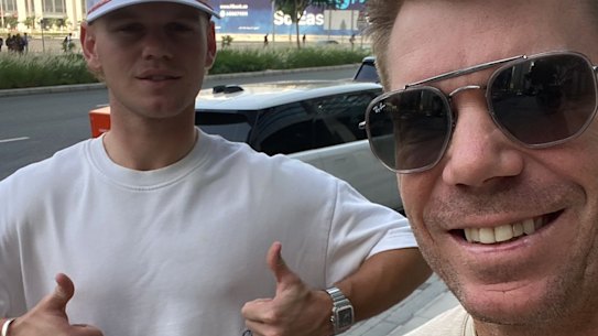 Jake Fraser-McGurk with David Warner in Dubai.