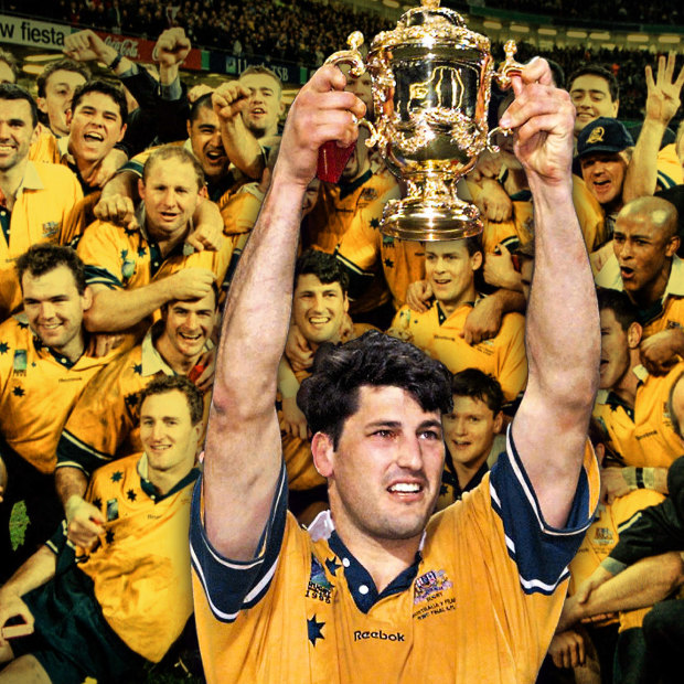 The Wallabies following their victory over France in the 1999, Inset Captain John Eales Raises The William Webb Ellis Trophy. 