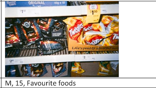 Photos reflecting “food in my life” for adolescents at the city high school, including bags of chips described as “favourite foods”.