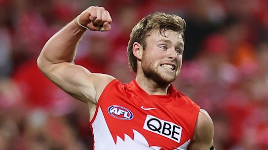 Braeden Campbell celebrates scoring a goal against the Giants